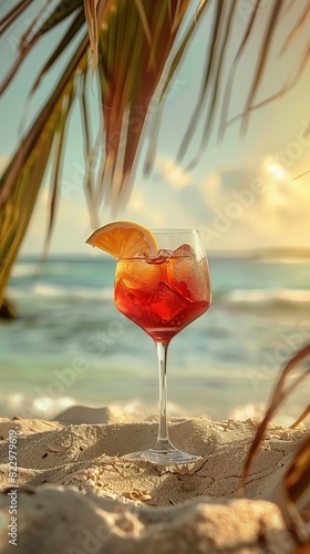 Fototapeta Naklejka Na Ścianę i Meble -  A refreshing Aperol Spritz cocktail with ice and an orange slice garnish, set on a sandy beach under palm leaves with the ocean in the background.
