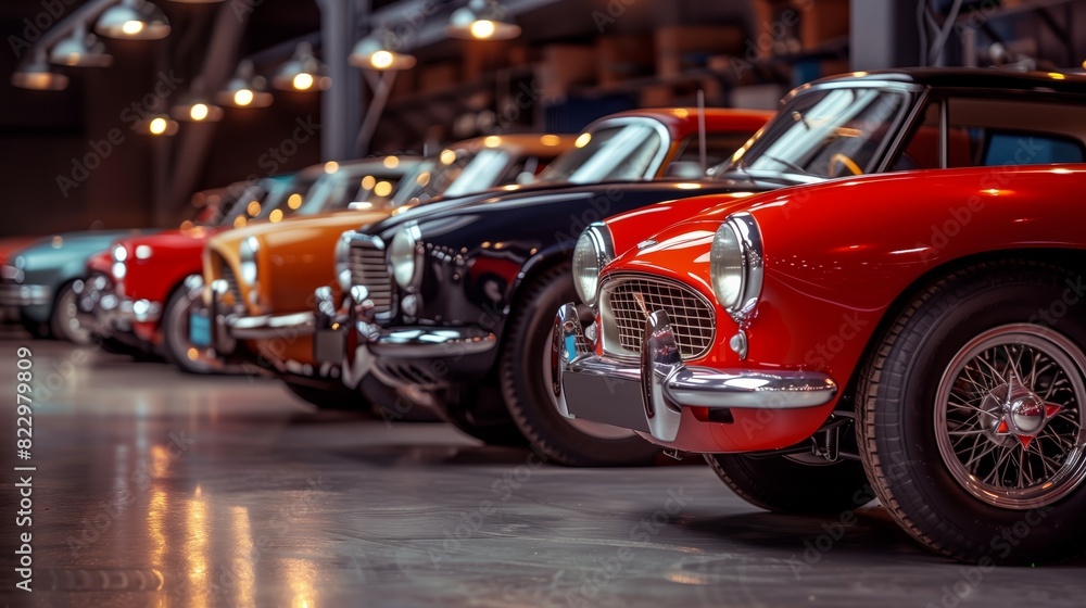 Restored vintage cars from various eras line up, gleaming under bright lights, showcasing their elegance.