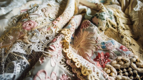 Intricate floral details and rich textures of vintage fabrics, such as lace, embroidery, or tapestries, highlighting their timeless elegance 