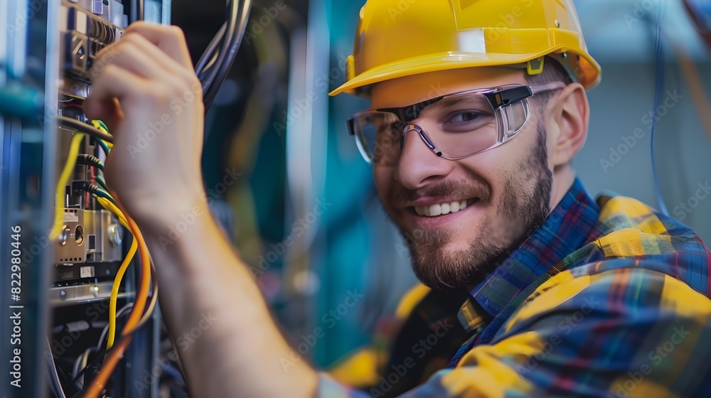 Cheerful Electrical Technician Proudly Working on Industrial Project Cheerful Electrical Technician Proudly Working on Industrial Project