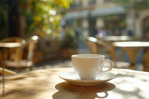 a white porcelain coffee cup with a saucer on a wooden table  bathed in sunlight. The background is a softly blurred outdoor caf   setting  with bokeh lights and unoccupied chairs under trees