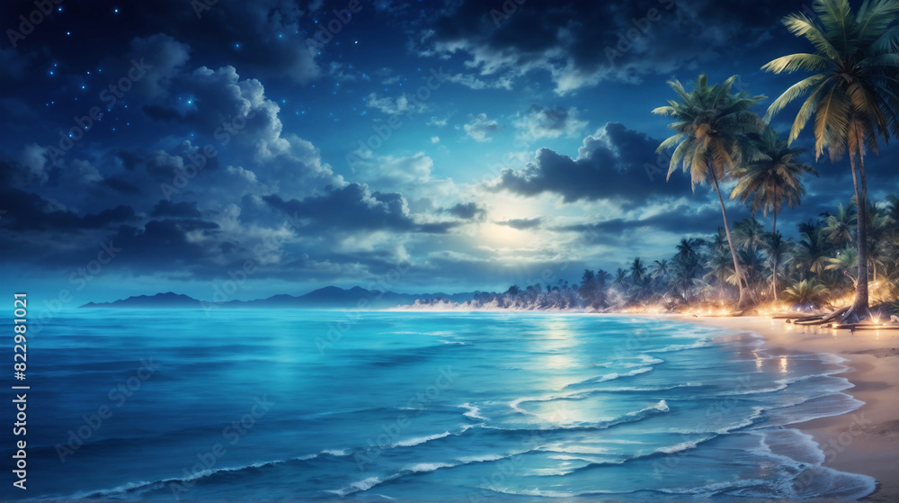 Beautiful tropical beach at night, in the dusk after sunset. Calm waters touching the dreamy sandy beach. Beautiful tropical beach at night, in the dusk after sunset. Calm waters touching the dreamy sandy beach.