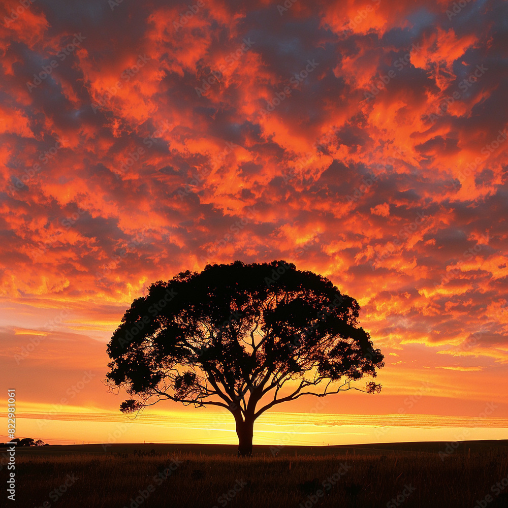 Silhouetted Tree Sky Sunset Fiery Lone Against