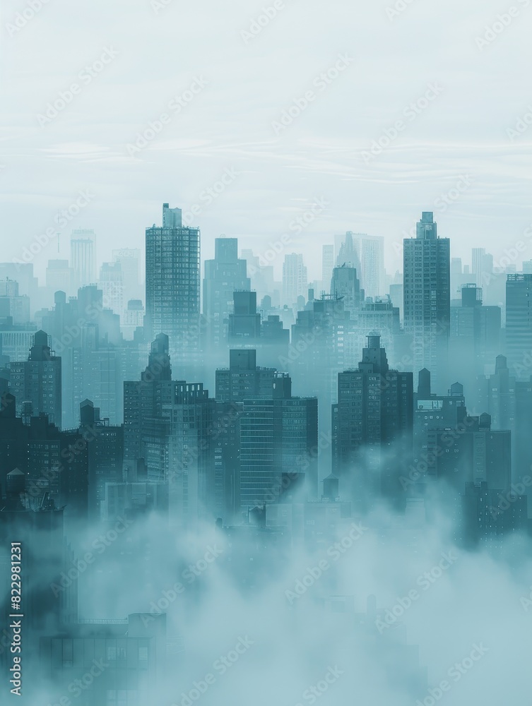 Foggy city skyline at dawn on light grey backdrop with copy space above Foggy city skyline at dawn on light grey backdrop with copy space above