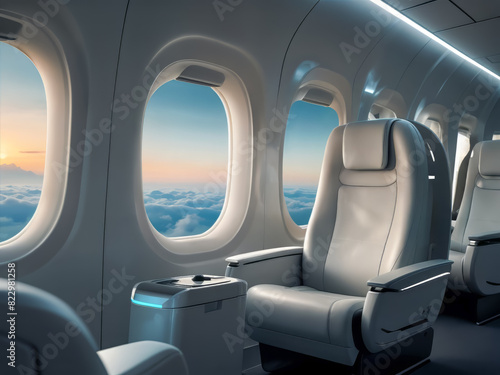 An interior view from a modern luxury aircraft cabin, seats and windows. For premium air travel, comfort, and tranquility at high altitudes.