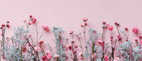 Flowering meadow at sunrise, isolated light pink background, top copy space photo