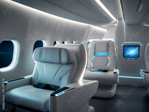 An interior view from a modern luxury aircraft cabin, seats and windows. For premium air travel, comfort, and tranquility at high altitudes. © ipolstock