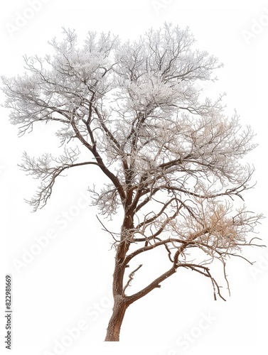 Frost-covered trees in winter, isolated white background, copy space left for text