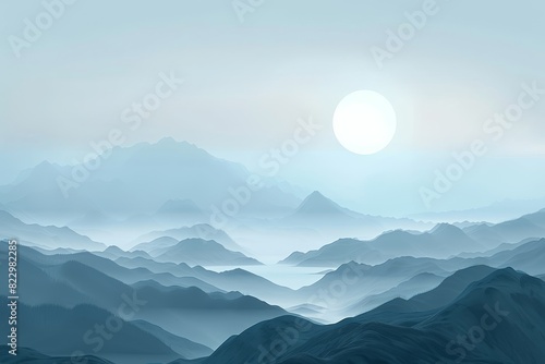 High mountain vista at sunrise, with an isolated pale blue background, offers top space for text