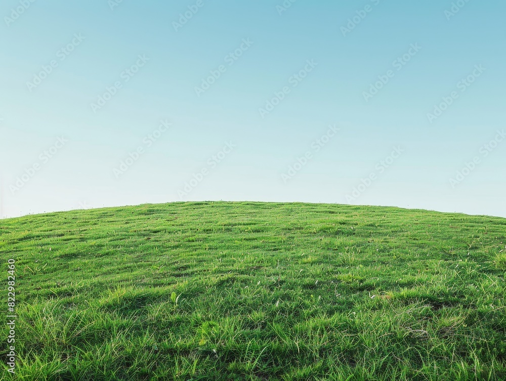 Grassy hilltop at dawn with a vast isolated light green space below for text Grassy hilltop at dawn with a vast isolated light green space below for text