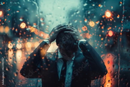 A man in a suit is standing in the rain, looking down and shaking his head generated by AI © PZPIXEL.AI