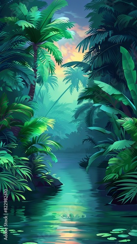 The tranquil jungle river at dusk offers a serene isolated setting with a dark green background and space for text above