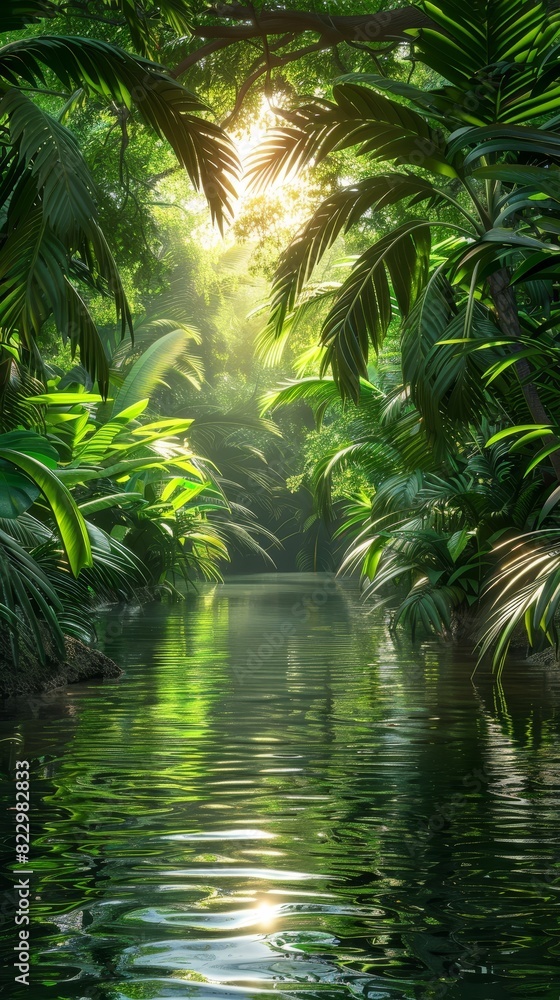 Text can be placed atop the isolated dark green background of the jungle river at dusk Text can be placed atop the isolated dark green background of the jungle river at dusk