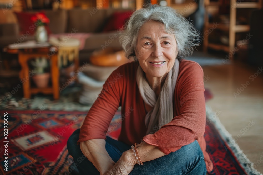 A woman with gray hair is sitting on a rug in a living room generated by AI