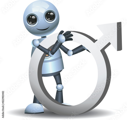 3D illustration of a little robot man with male sex side by side male sex symbol on isolated white background