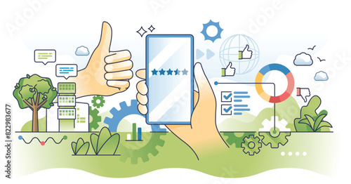 Online review management for service feedback monitoring outline concept. Customer satisfaction research with ratings, opinions and evaluation vector illustration. Website or mobile app ranking.