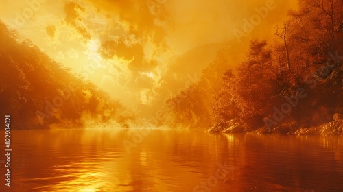 Autumn's misty river backdrop with orange isolation offers ample copy space below