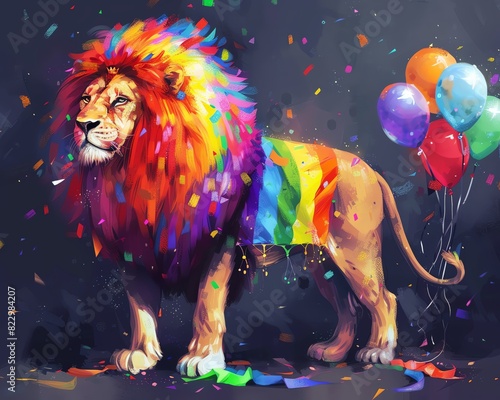 A majestic lion wearing a rainbowcolored mane and a pride flag draped around its body, with festive decorations like balloons and streamers photo