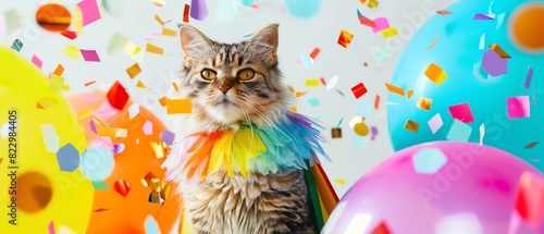 A playful cat wearing a rainbow collar and a pride flag cape, surrounded by colorful party confetti and balloons photo