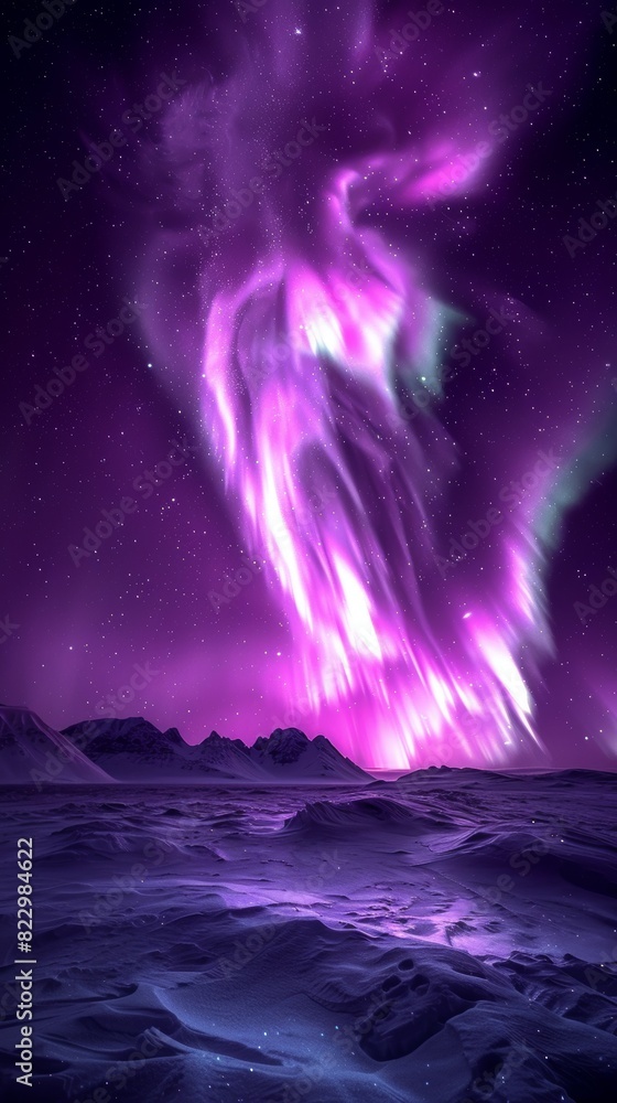 Northern lights in sky, isolated dark violet background, wide copy space bottom