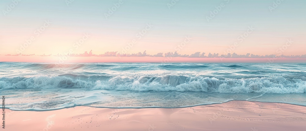 Soft pink and blue sky at dawn above ocean waves, with isolated light grey backdrop and space for text at the bottom