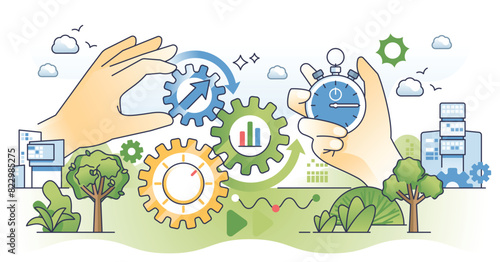 Productivity improvement for high work efficiency outline hands concept. Productive job management with precise time optimization and process analysis vector illustration. Lean manufacturing control.