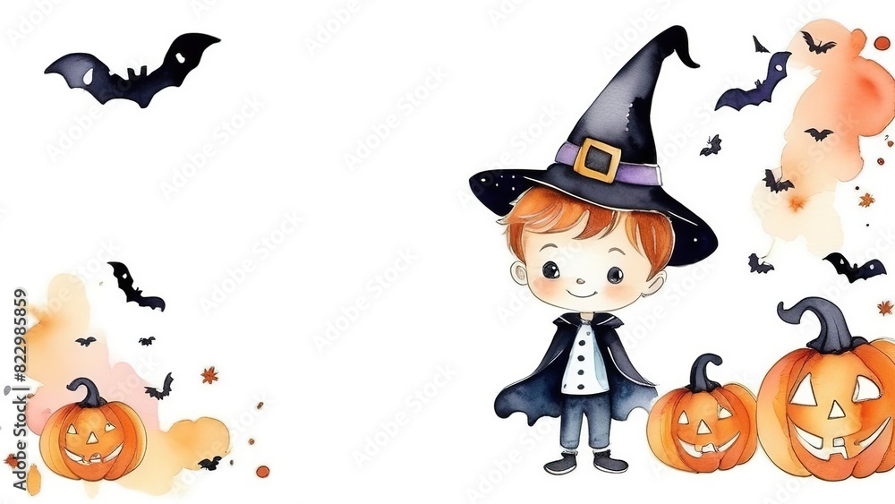 Watercolor illustration of a boy in a Halloween costume on a white isolated background, happy Halloween kids, Watercolor illustration of a boy in a Halloween costume on a white isolated background, happy Halloween kids,