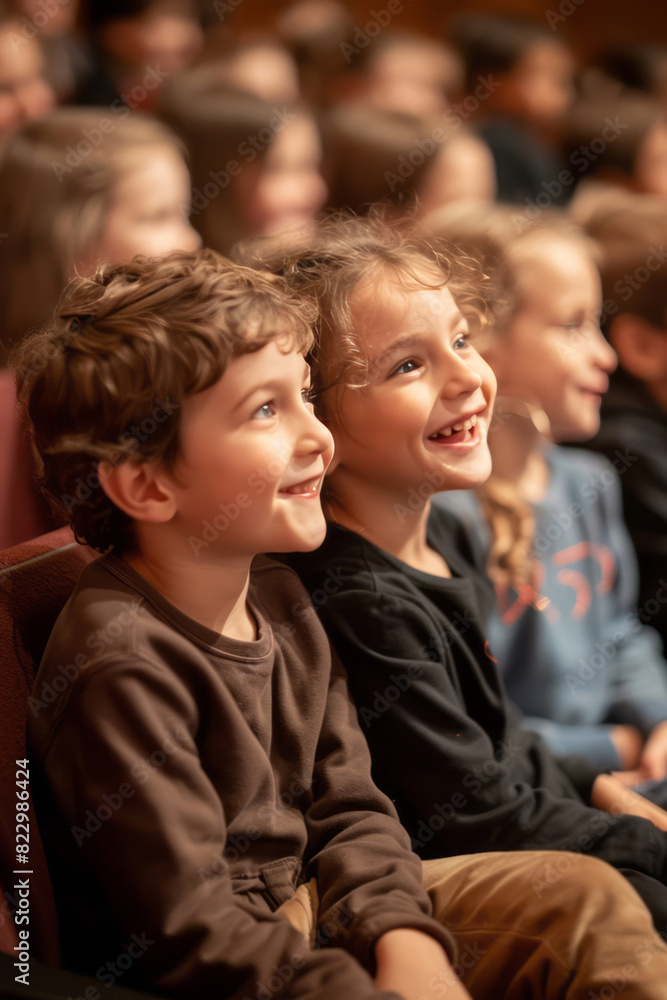 Joyful children seated in the audience of an auditorium, engrossed in a show, their smiles visible from a side view. Joyful children seated in the audience of an auditorium, engrossed in a show, their smiles visible from a side view.