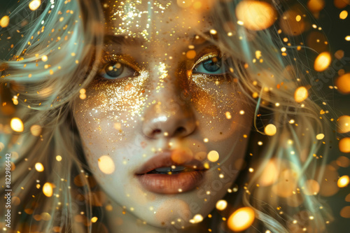 A blonde woman, her face and hair sparkling with gold glitter, amidst a shower of golden confetti.