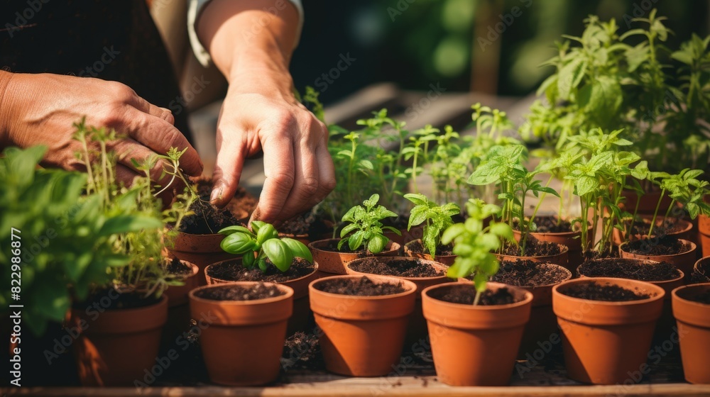 Fresh herbs like basil and thyme grow in a pot Fresh herbs like basil and thyme grow in a pot