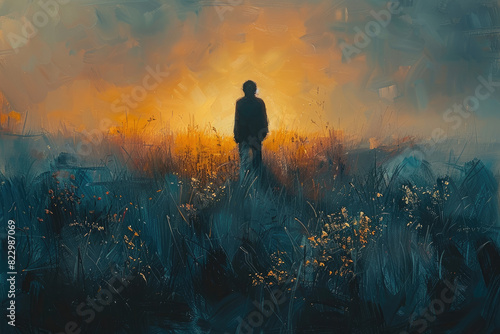 A man in the field, beautiful sunset view. Created with Ai