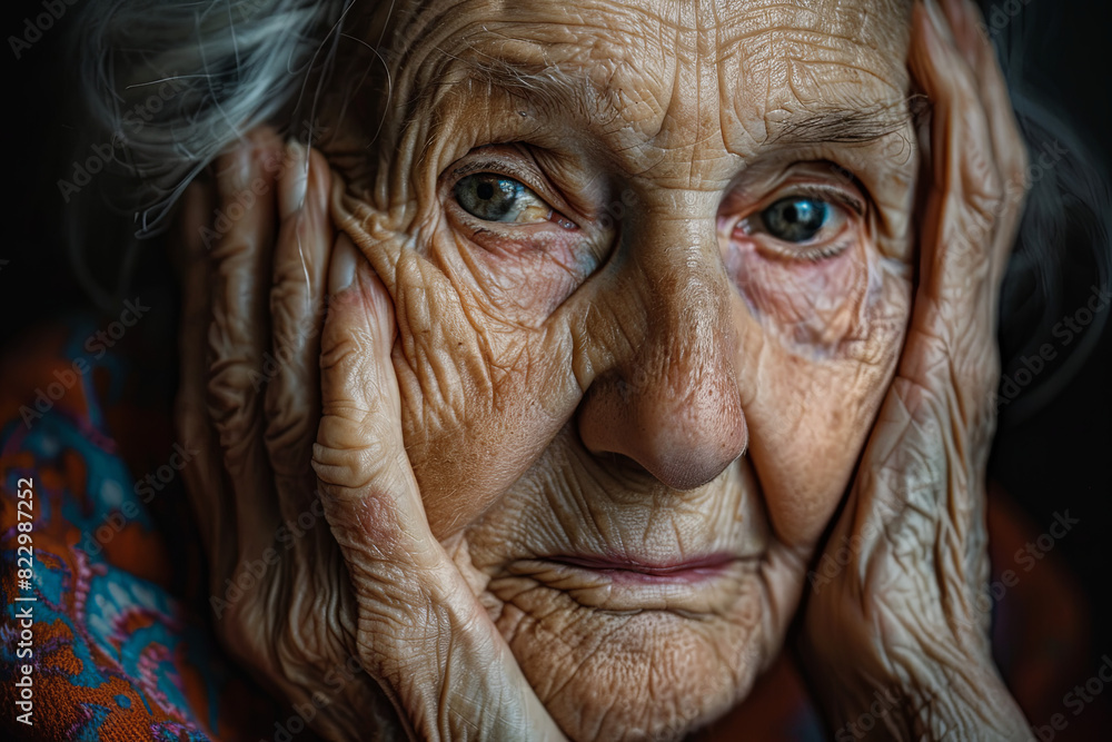 An elderly woman's sorrowful face, gaze distant as a weathered hand rests on her cheek, lost in melancholic contemplation and cherished memories An elderly woman's sorrowful face, gaze distant as a weathered hand rests on her cheek, lost in melancholic contemplation and cherished memories