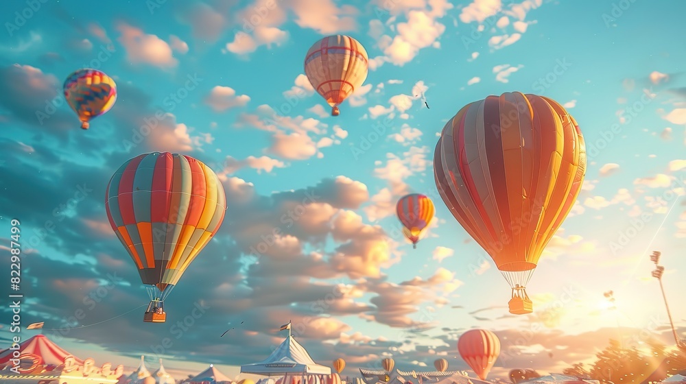 Naklejka premium Hot air balloons floating over a summer fair