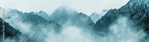 Rolling fog over mountain pass offers a serene backdrop with space for text at the bottom photo