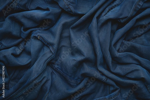A top view shows a pile of denim in a dark blue tone.