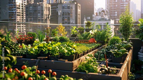 Skyscraper rooftop gardens not only improve aesthetics, but also promote biodiversity and a healthier urban environment, selective focus on flower boxes.