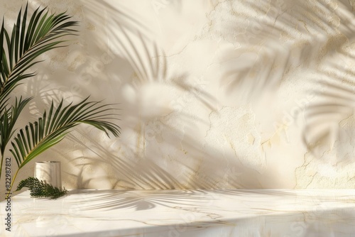 White Marble Table with Palm Leaves Shadow on Beige Wall Texture Background, Suitable for Product Presentation Backdrop, Display, and Mock up - generative ai © Nia™