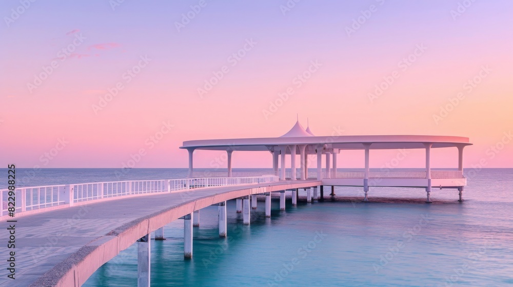 White buildings and pink sky on a beautiful background of endless sea horizon White buildings and pink sky on a beautiful background of endless sea horizon