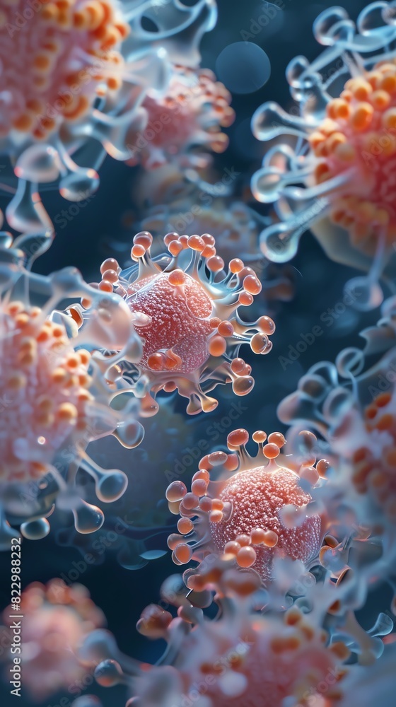 Close-up of intricate virus structures under a microscope, depicting the complex beauty of microorganisms in high detail. Close-up of intricate virus structures under a microscope, depicting the complex beauty of microorganisms in high detail.