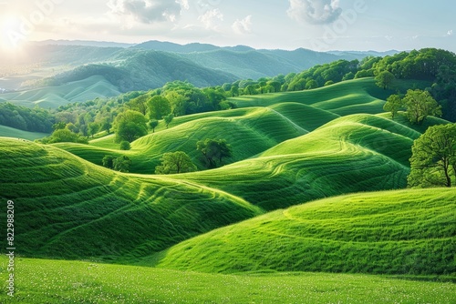 Rolling hills in spring, set against a light green backdrop, offer ample space for text below