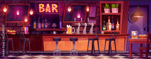 Bar table and pub interior cartoon background. Drink beer or cocktail in cafe at night. Restaurant or nightclub furniture with pump, dinner desk and craft alcohol bottle. Cafeteria with illumination