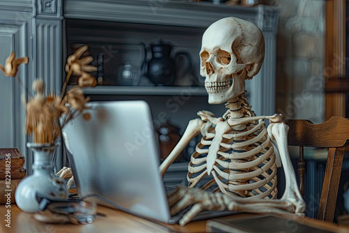 skeleton with a skull using laptop. Created with Ai