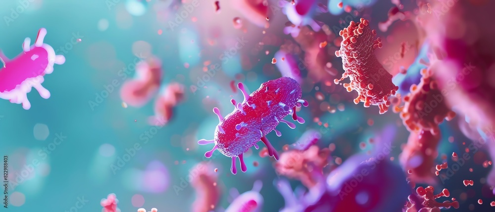 Colored microscopic bacteria in a vibrant, scientific visualization showing the complexity of microorganisms in a dynamic environment. Colored microscopic bacteria in a vibrant, scientific visualization showing the complexity of microorganisms in a dynamic environment.