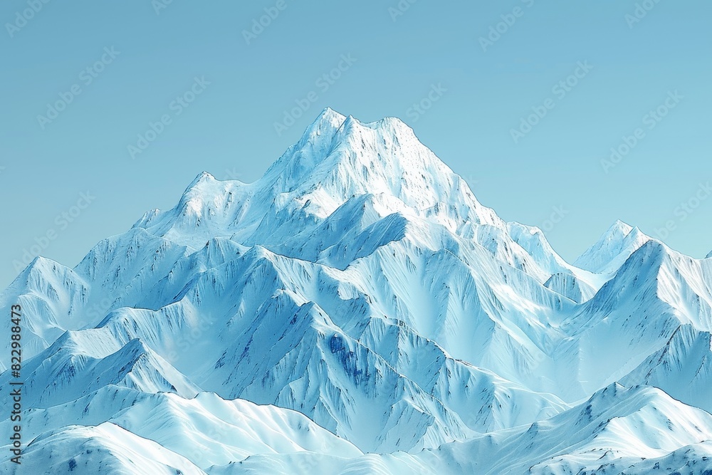 Snow-capped mountains under a clear blue sky on an isolated light blue background with copy space below