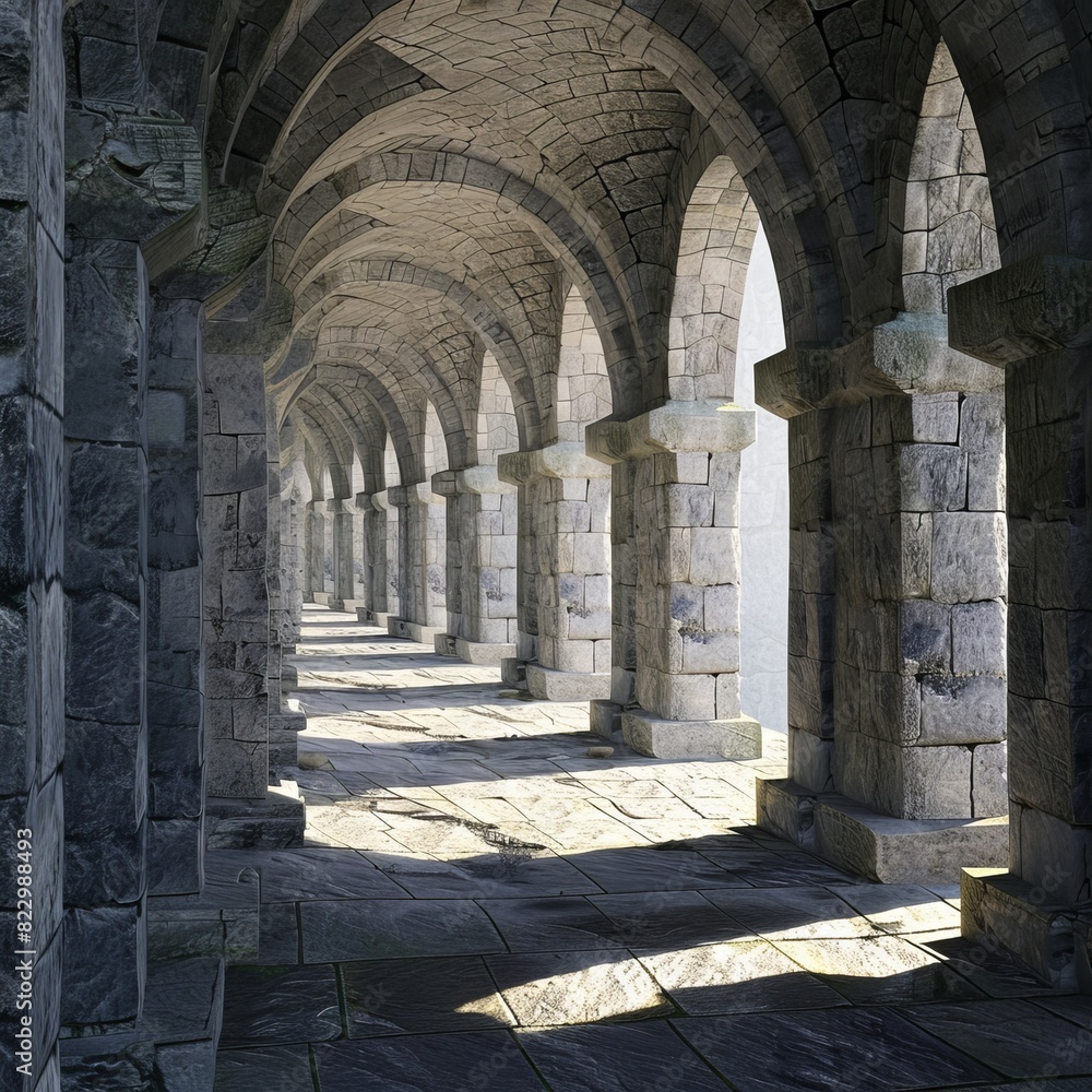 A long stone corridor with arches and columns A long stone corridor with arches and columns