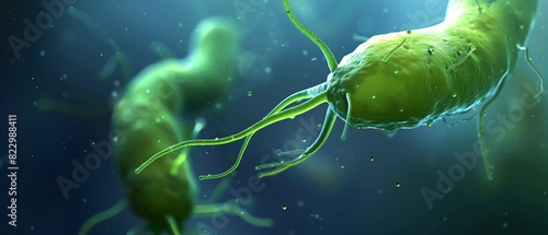 Close-up view of Helicobacter pylori bacteria under a microscope, showcasing their spiral shape and flagella in a blue-green background.