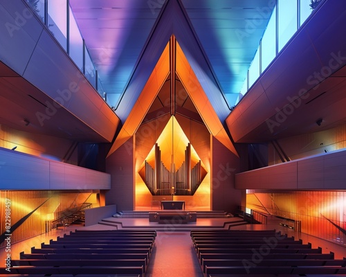 The interior of a modern church with colorful lighting photo