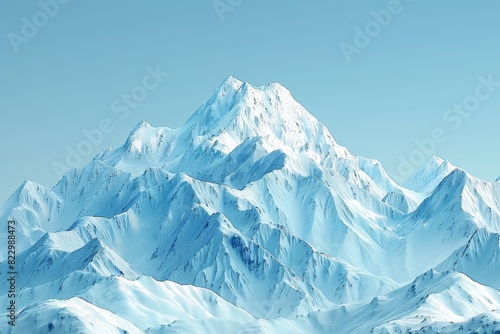 Snow-capped mountains under a clear blue sky on an isolated light blue background with copy space below