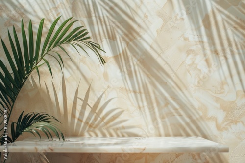 White Marble Table with Palm Leaves Shadow on Beige Wall Texture Background, Suitable for Product Presentation Backdrop, Display, and Mock up - generative ai © Nia™