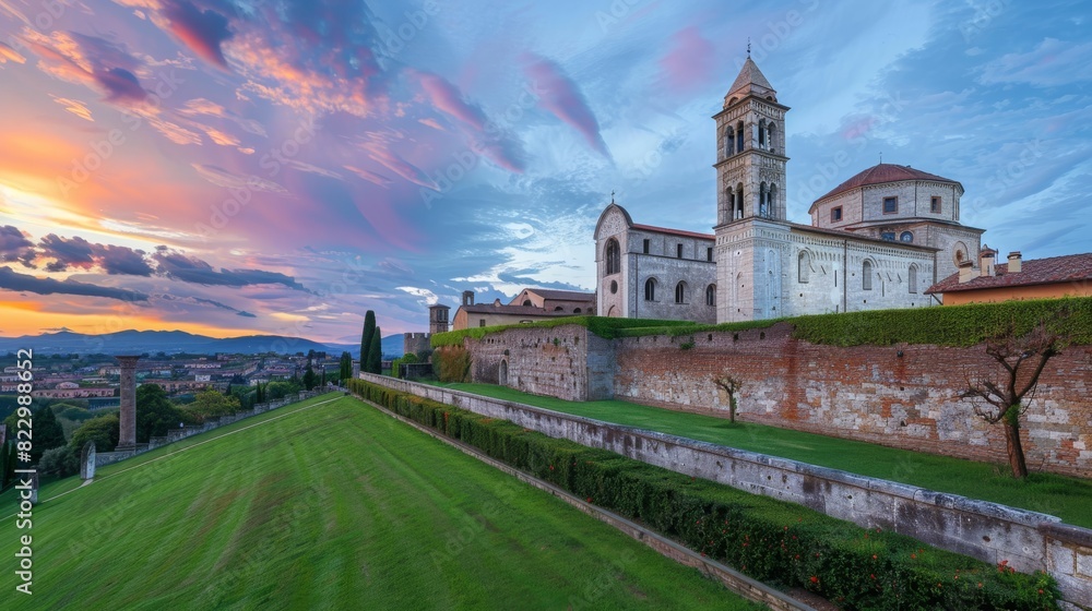 Naklejka premium Italian cathedral and ancient castle buildings with stunning views and green grass